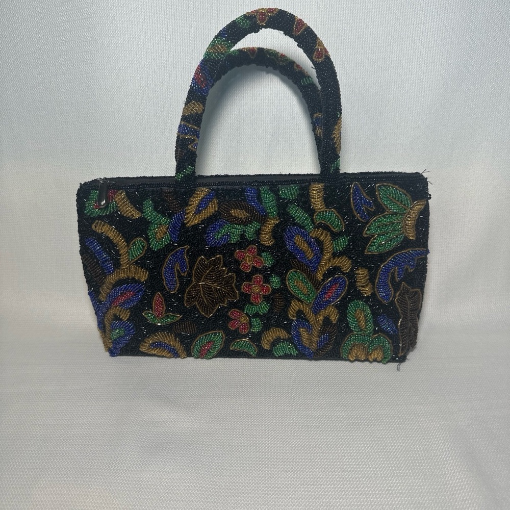 Black Beaded Purse with Multicolor Floral Pattern